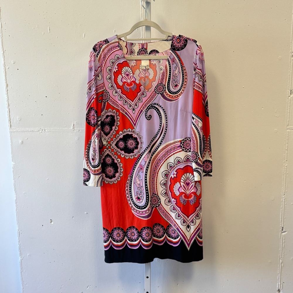 Ali Ro Paisley Boho Print V-Neck Long Sleeve Shift Mini‎ Dress Size 12 Orange